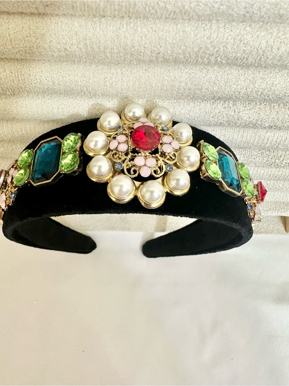 Black Velvet Jeweled Headband with Pearl & Multicolor Gems